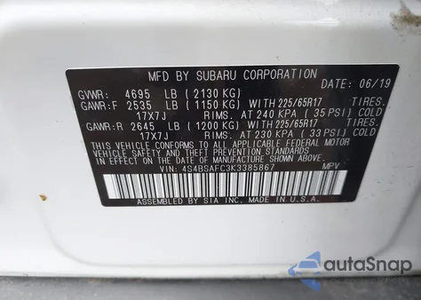 2019 Subaru Outback 2.5I Premium z USA, uszkodzony, nr VIN 4S4BSAFC3K3385867